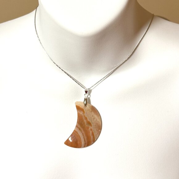Genuine Orange Banded Agate Pendant,Large Natural Gemstone Crescent Moon Pendant - Picture 8 of 12